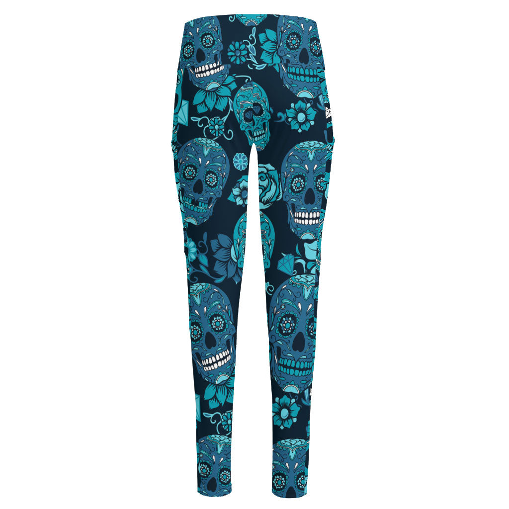 Teal Sugar Skull Flower Pattern Print High-Waisted Pocket Leggings