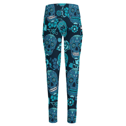 Teal Sugar Skull Flower Pattern Print High-Waisted Pocket Leggings