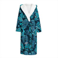 Teal Sugar Skull Flower Pattern Print Hooded Bathrobe
