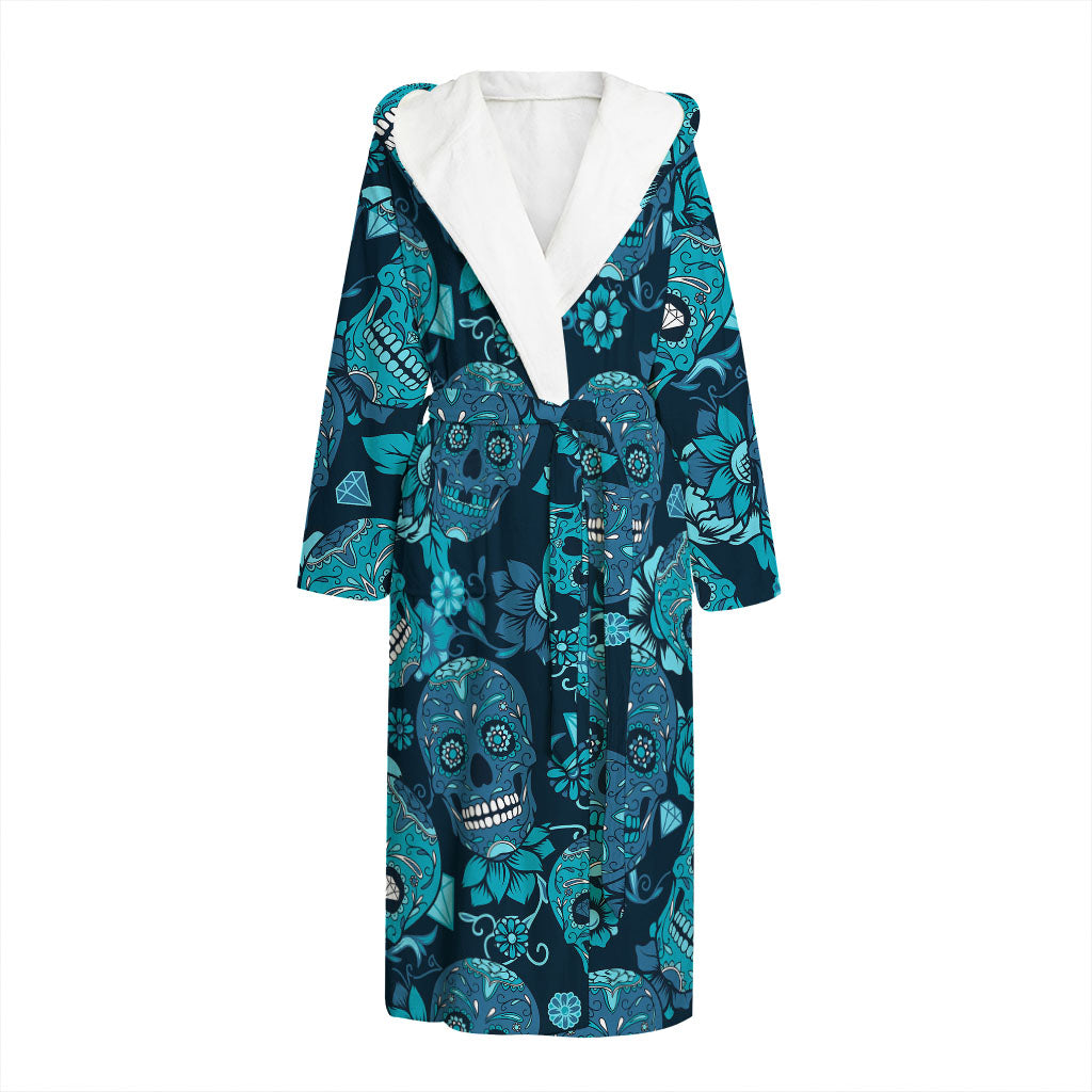 Teal Sugar Skull Flower Pattern Print Hooded Bathrobe