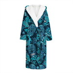 Teal Sugar Skull Flower Pattern Print Hooded Bathrobe