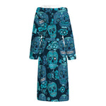 Teal Sugar Skull Flower Pattern Print Hooded Bathrobe