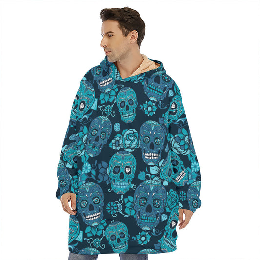 Teal Sugar Skull Flower Pattern Print Hoodie Blanket