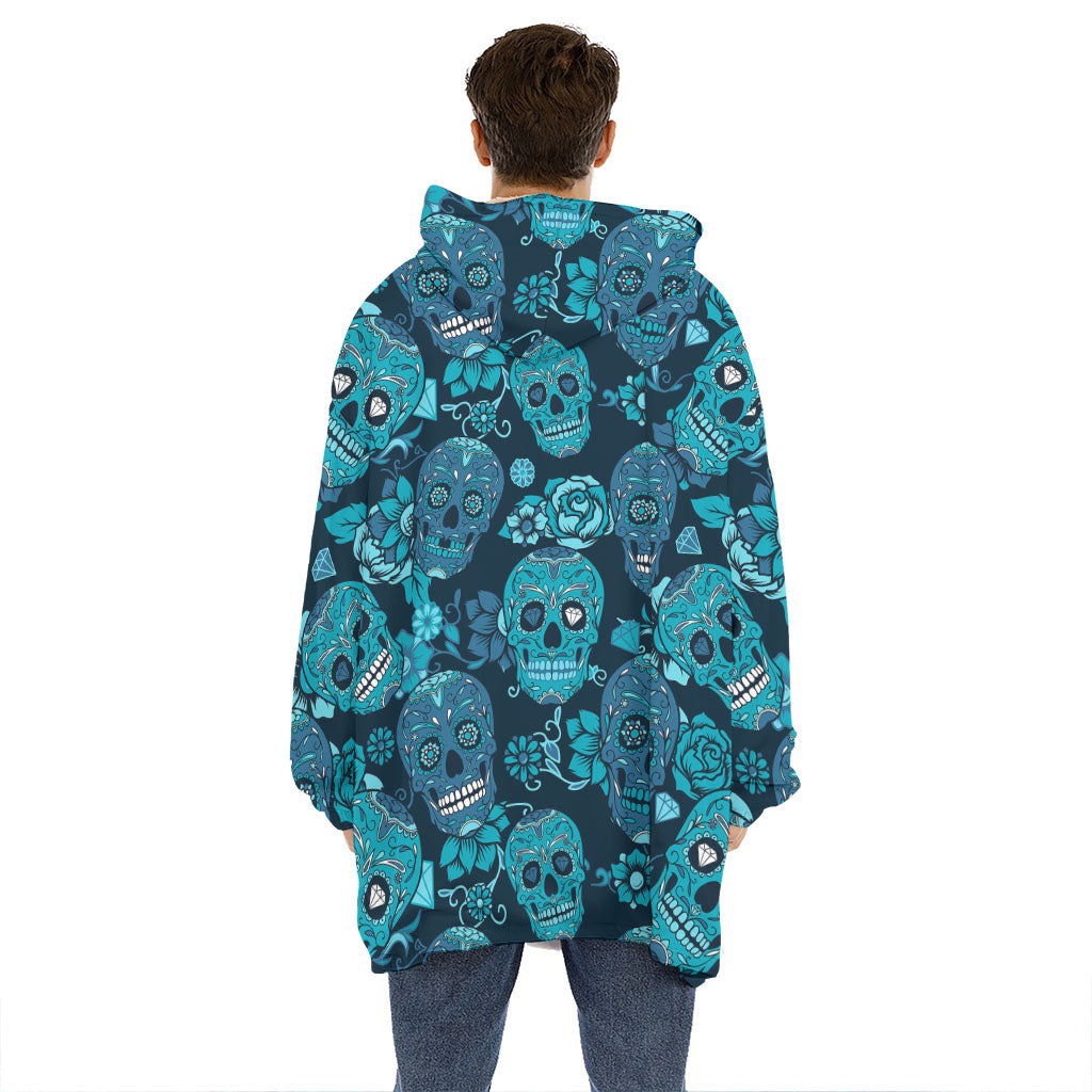 Teal Sugar Skull Flower Pattern Print Hoodie Blanket