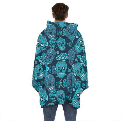 Teal Sugar Skull Flower Pattern Print Hoodie Blanket
