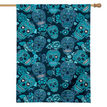Teal Sugar Skull Flower Pattern Print House Flag