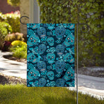 Teal Sugar Skull Flower Pattern Print House Flag