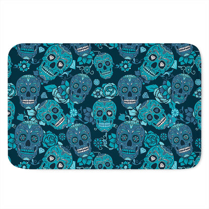Teal Sugar Skull Flower Pattern Print Indoor Door Mat