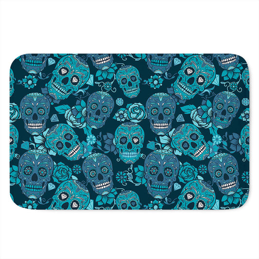 Teal Sugar Skull Flower Pattern Print Indoor Door Mat