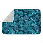 Teal Sugar Skull Flower Pattern Print Indoor Door Mat