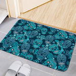 Teal Sugar Skull Flower Pattern Print Indoor Door Mat