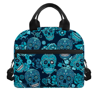 Teal Sugar Skull Flower Pattern Print Insulated Lunch Bag