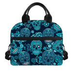 Teal Sugar Skull Flower Pattern Print Insulated Lunch Bag