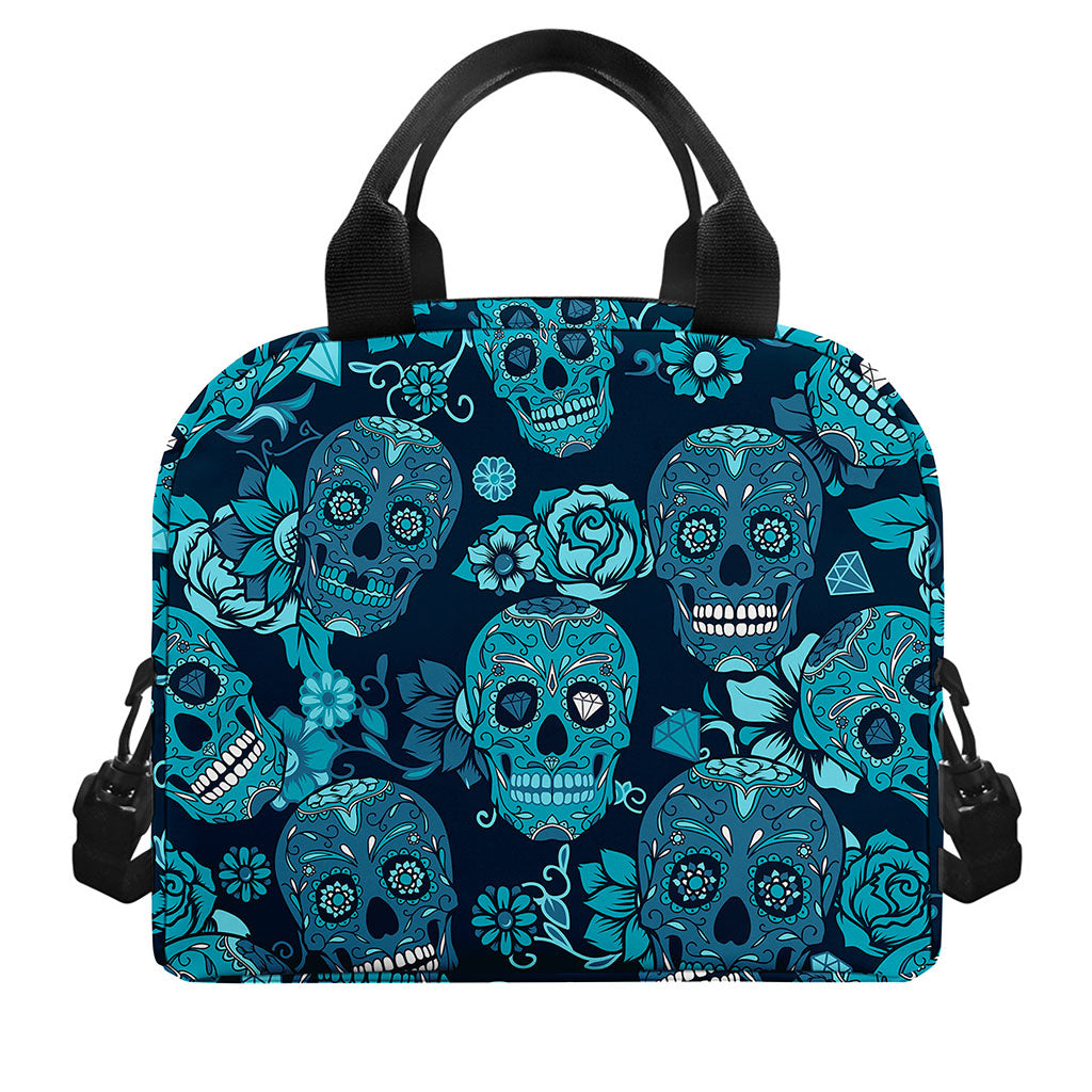 Teal Sugar Skull Flower Pattern Print Insulated Lunch Bag