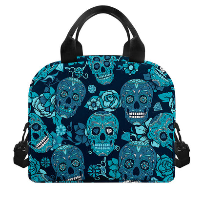 Teal Sugar Skull Flower Pattern Print Insulated Lunch Bag