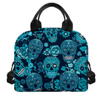 Teal Sugar Skull Flower Pattern Print Insulated Lunch Bag