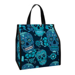 Teal Sugar Skull Flower Pattern Print Insulated Lunch Tote