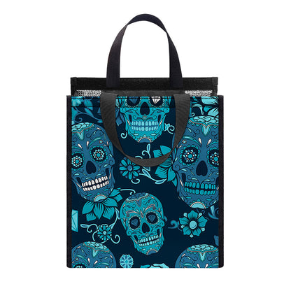 Teal Sugar Skull Flower Pattern Print Insulated Lunch Tote