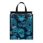 Teal Sugar Skull Flower Pattern Print Insulated Lunch Tote