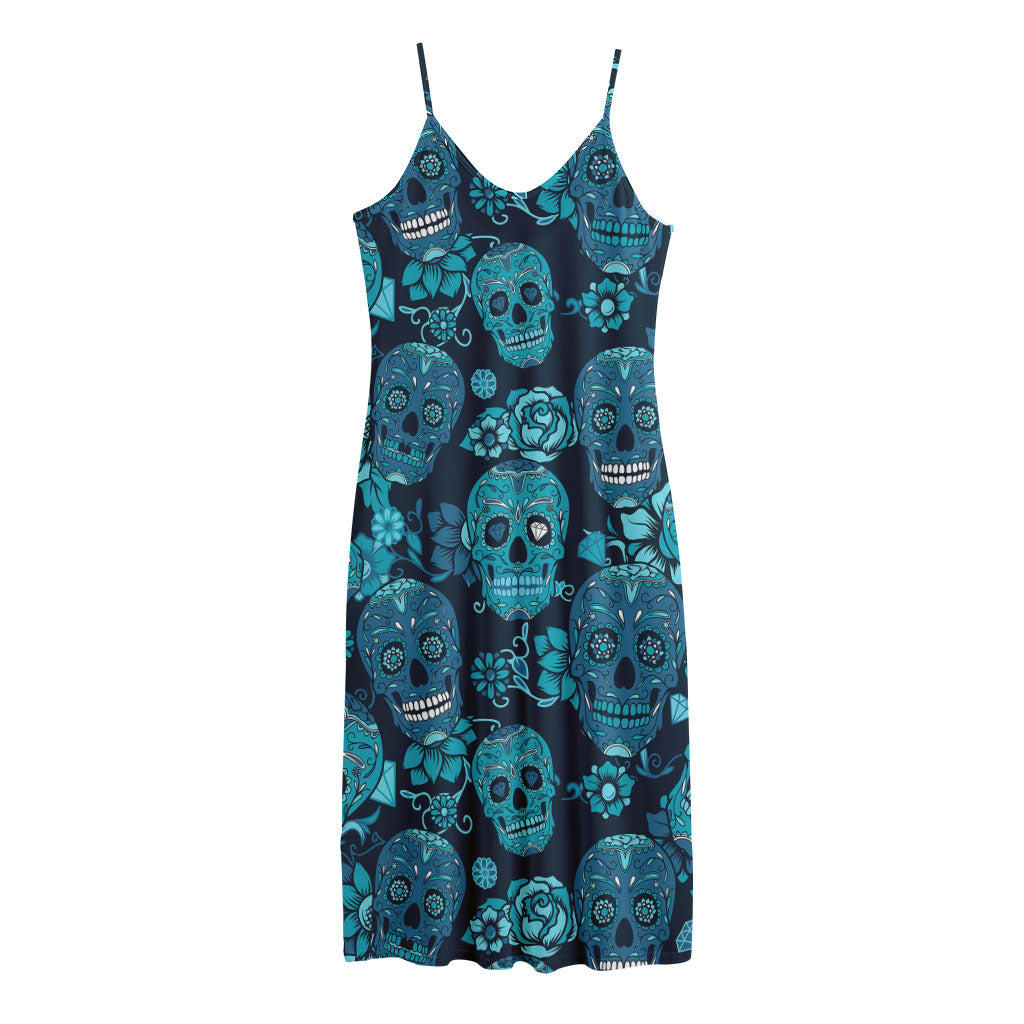 Teal Sugar Skull Flower Pattern Print Jersey Midi Cami Dress