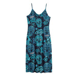 Teal Sugar Skull Flower Pattern Print Jersey Midi Cami Dress
