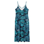 Teal Sugar Skull Flower Pattern Print Jersey Midi Cami Dress