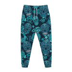 Teal Sugar Skull Flower Pattern Print Jogger Pants