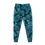 Teal Sugar Skull Flower Pattern Print Jogger Pants
