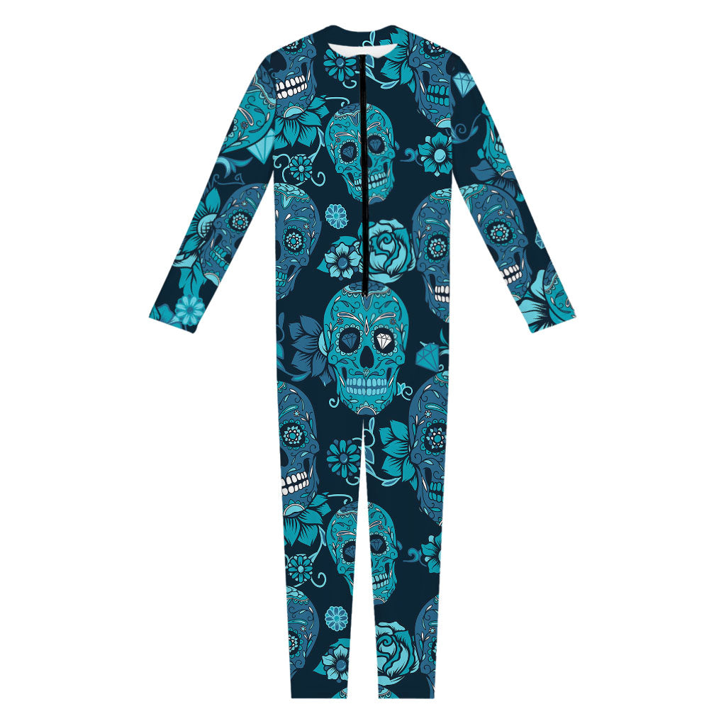 Teal Sugar Skull Flower Pattern Print Jumpsuit