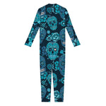 Teal Sugar Skull Flower Pattern Print Jumpsuit