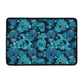 Teal Sugar Skull Flower Pattern Print Kitchen Mat