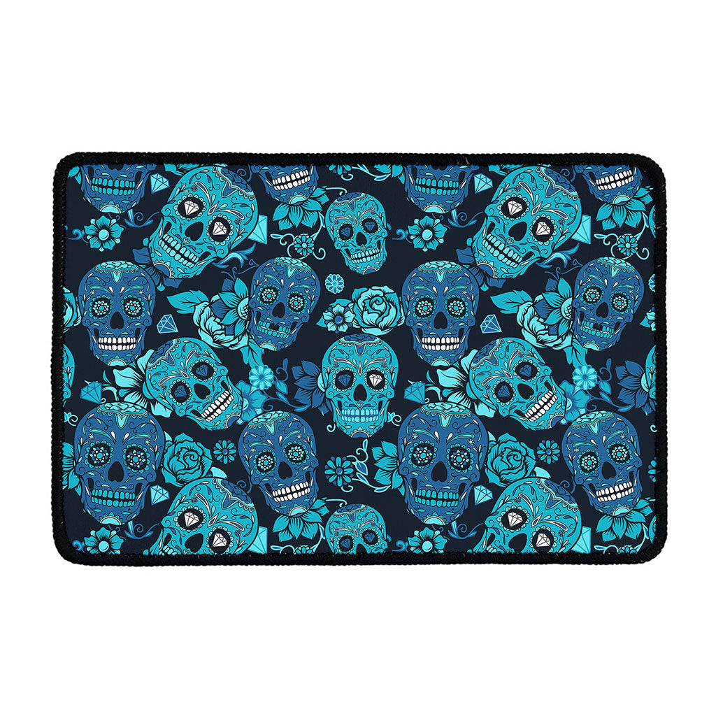 Teal Sugar Skull Flower Pattern Print Kitchen Mat