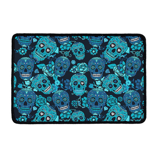 Teal Sugar Skull Flower Pattern Print Kitchen Mat