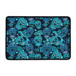 Teal Sugar Skull Flower Pattern Print Kitchen Mat