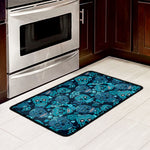 Teal Sugar Skull Flower Pattern Print Kitchen Mat