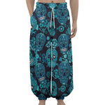 Teal Sugar Skull Flower Pattern Print Lantern Pants