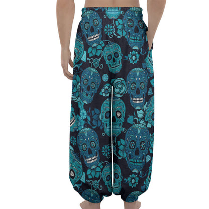 Teal Sugar Skull Flower Pattern Print Lantern Pants