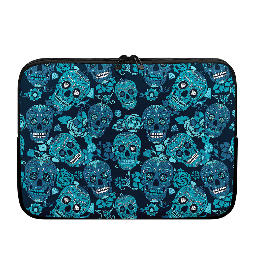 Teal Sugar Skull Flower Pattern Print Laptop Sleeve
