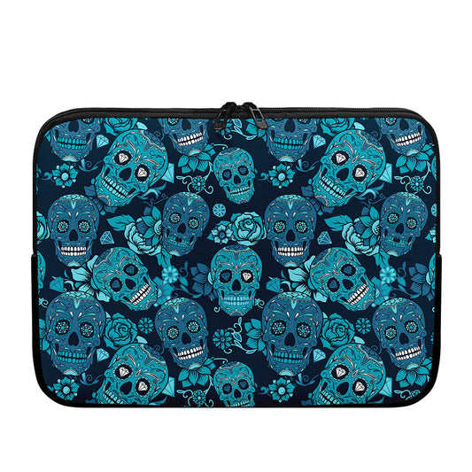 Teal Sugar Skull Flower Pattern Print Laptop Sleeve