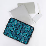 Teal Sugar Skull Flower Pattern Print Laptop Sleeve
