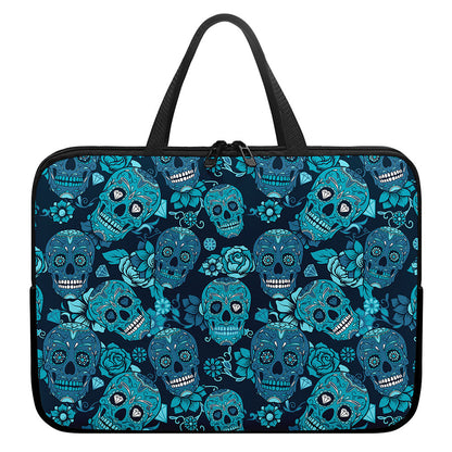 Teal Sugar Skull Flower Pattern Print Laptop Sleeve With Handle