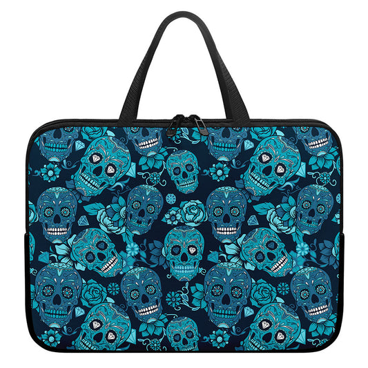 Teal Sugar Skull Flower Pattern Print Laptop Sleeve With Handle