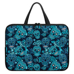 Teal Sugar Skull Flower Pattern Print Laptop Sleeve With Handle