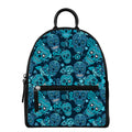 Teal Sugar Skull Flower Pattern Print Leather Backpack