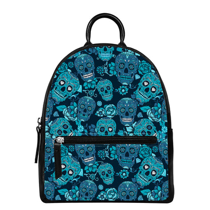 Teal Sugar Skull Flower Pattern Print Leather Backpack