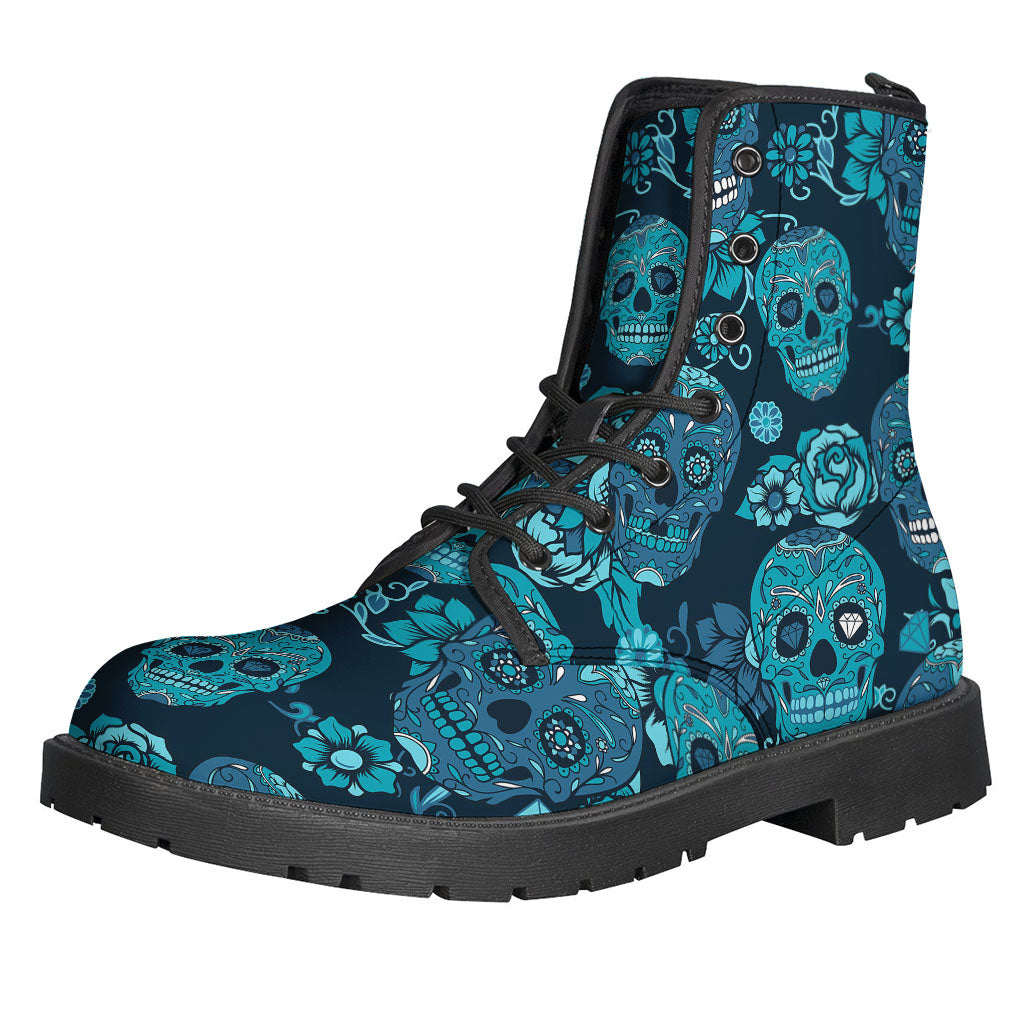 Teal Sugar Skull Flower Pattern Print Backpack