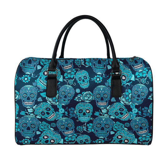 Teal Sugar Skull Flower Pattern Print Leather Duffle Bag