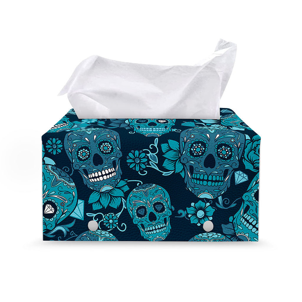 Teal Sugar Skull Flower Pattern Print Leather Tissue Box Cover