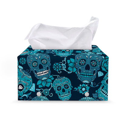 Teal Sugar Skull Flower Pattern Print Leather Tissue Box Cover