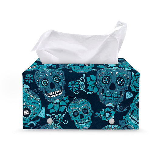 Teal Sugar Skull Flower Pattern Print Leather Tissue Box Cover